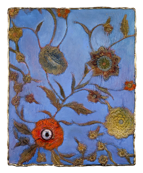Natasha Zupan - Afterglow #36, mixed media collage with floral pattern with an eyeball in lower left corner