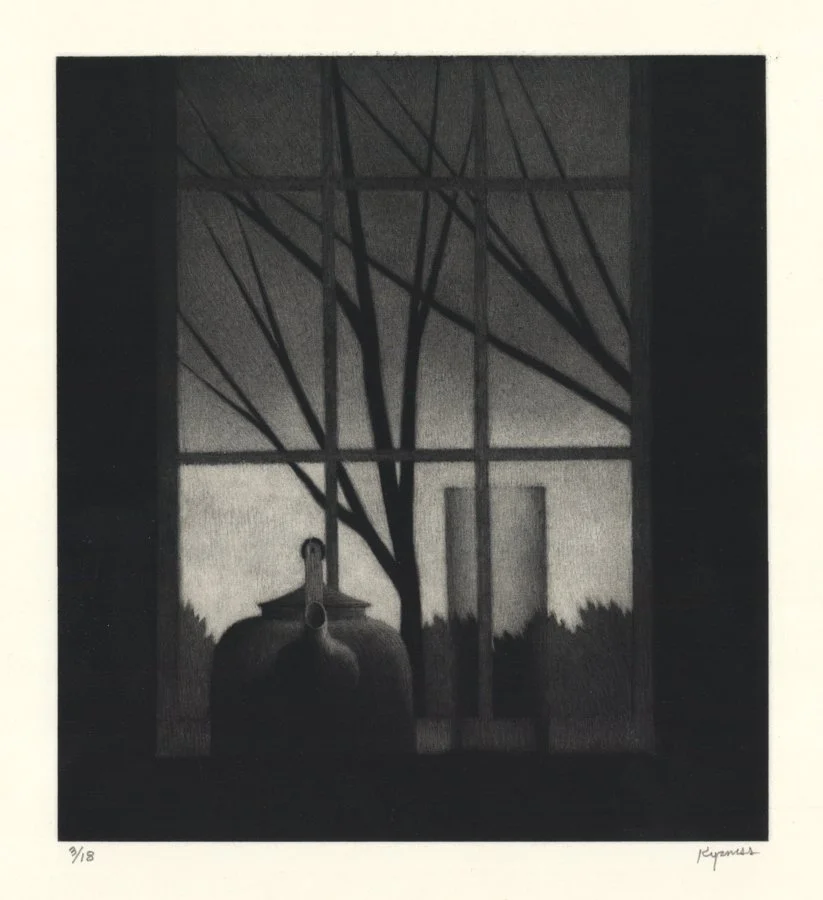 Kipniss, Robert - Window w/ vase & trees - atmospheric mezzotint with teapot and glass vase in front of window, tree branches behind