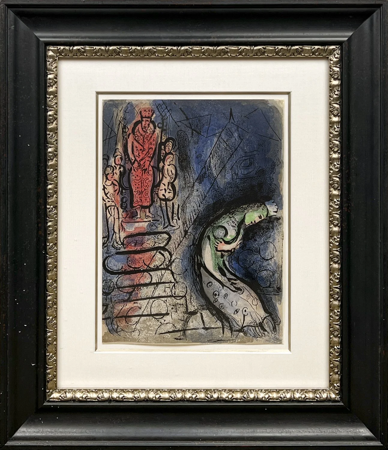 Marc Chagall Ahasuerus Sends Vasthi Away, framed lithograph printeted in red, green and dark blue, people grouped at top of stairs looking down on someone