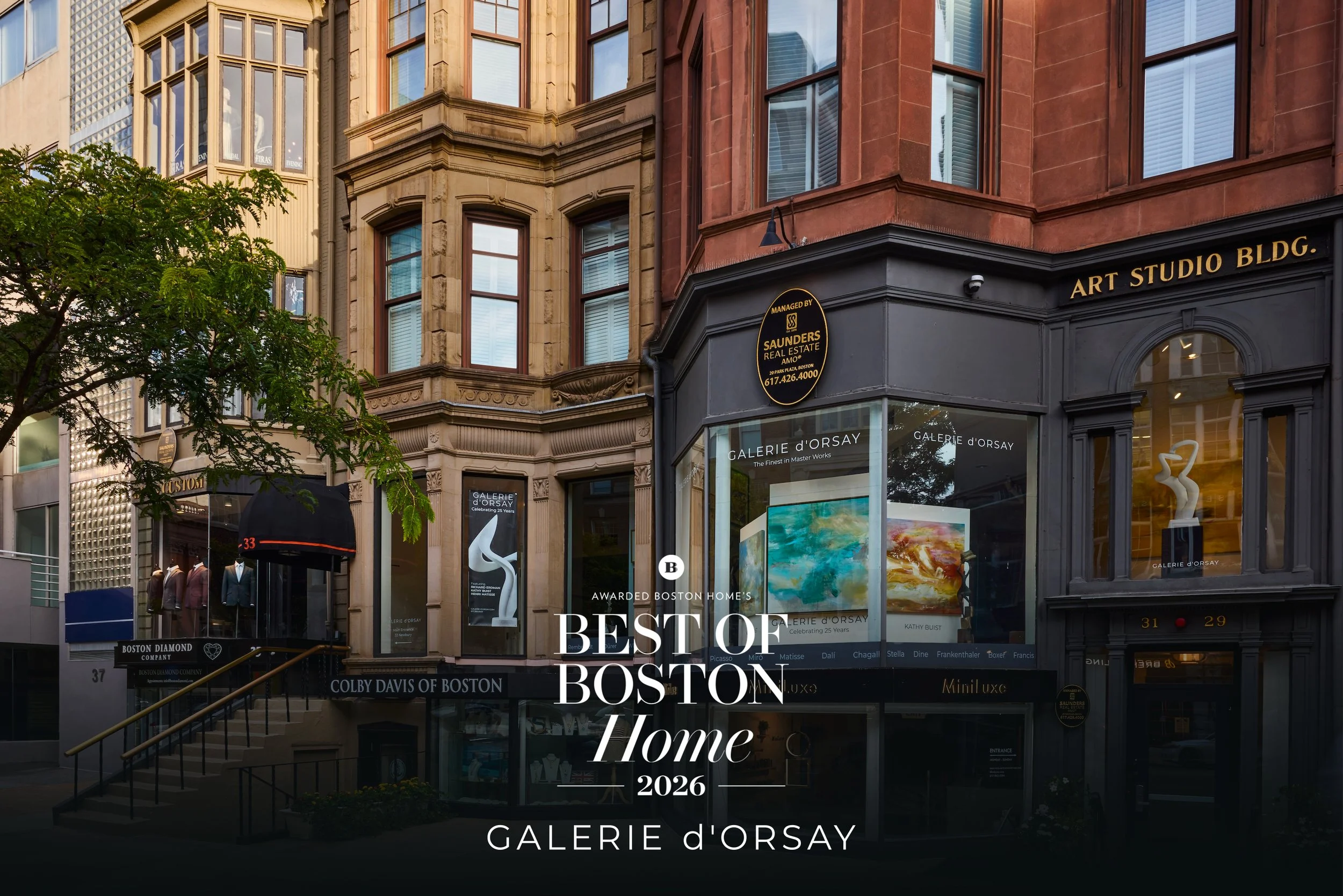 Galerie d'Orsay pictured from Newbury St. "Best of Boston Home 2026" written in text