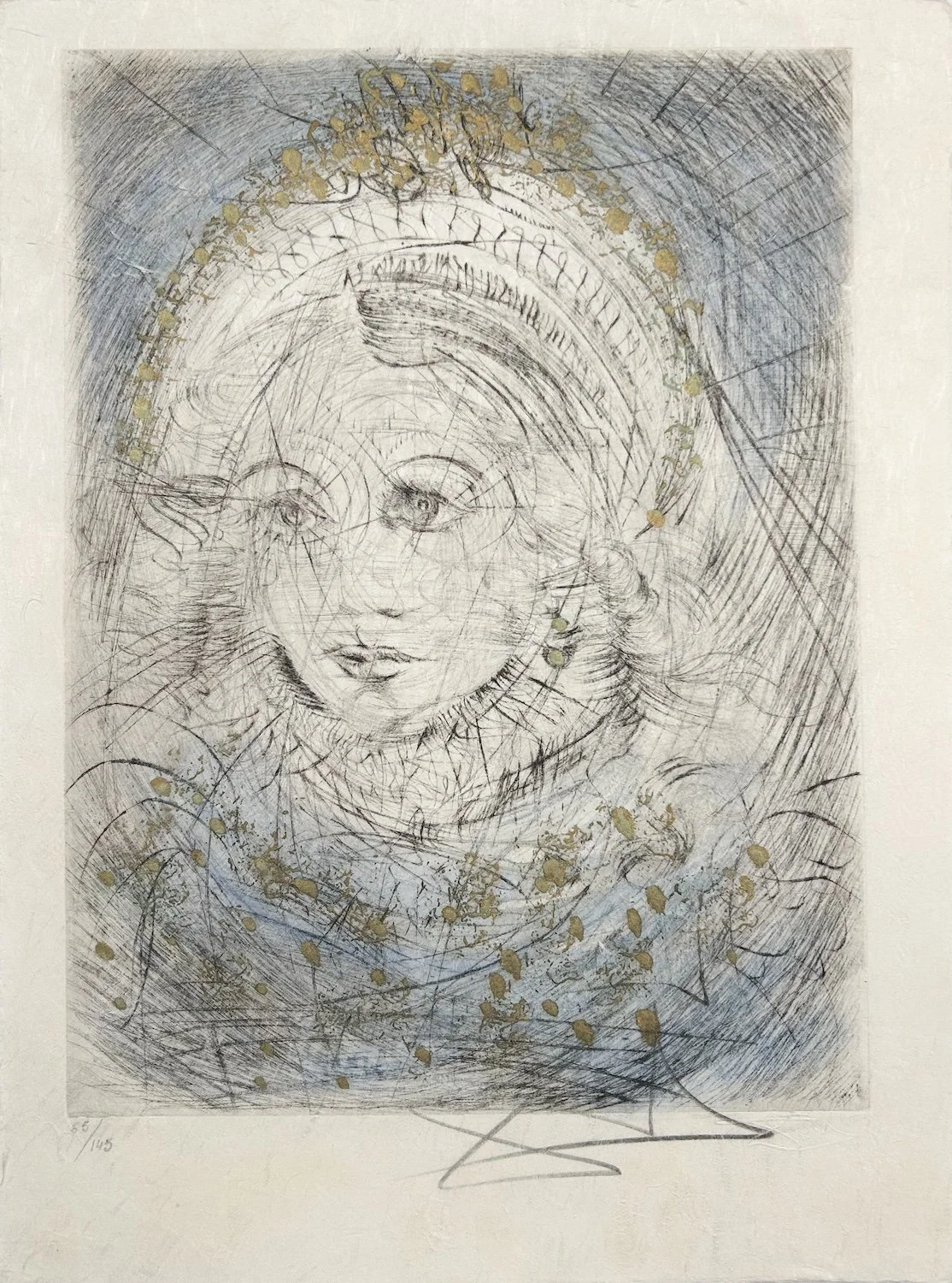 Salvador Dalí Portrait of Marguerite, drypoint print of a portrait of marguerite wearing a gold crown