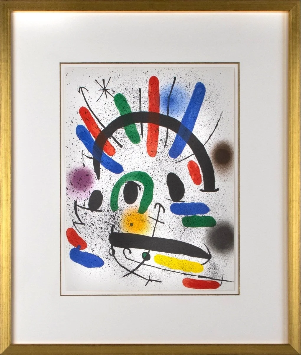 Joan miro, untitled, abstract surrealistic composition of red, blue, green, yellow and black markings and lines