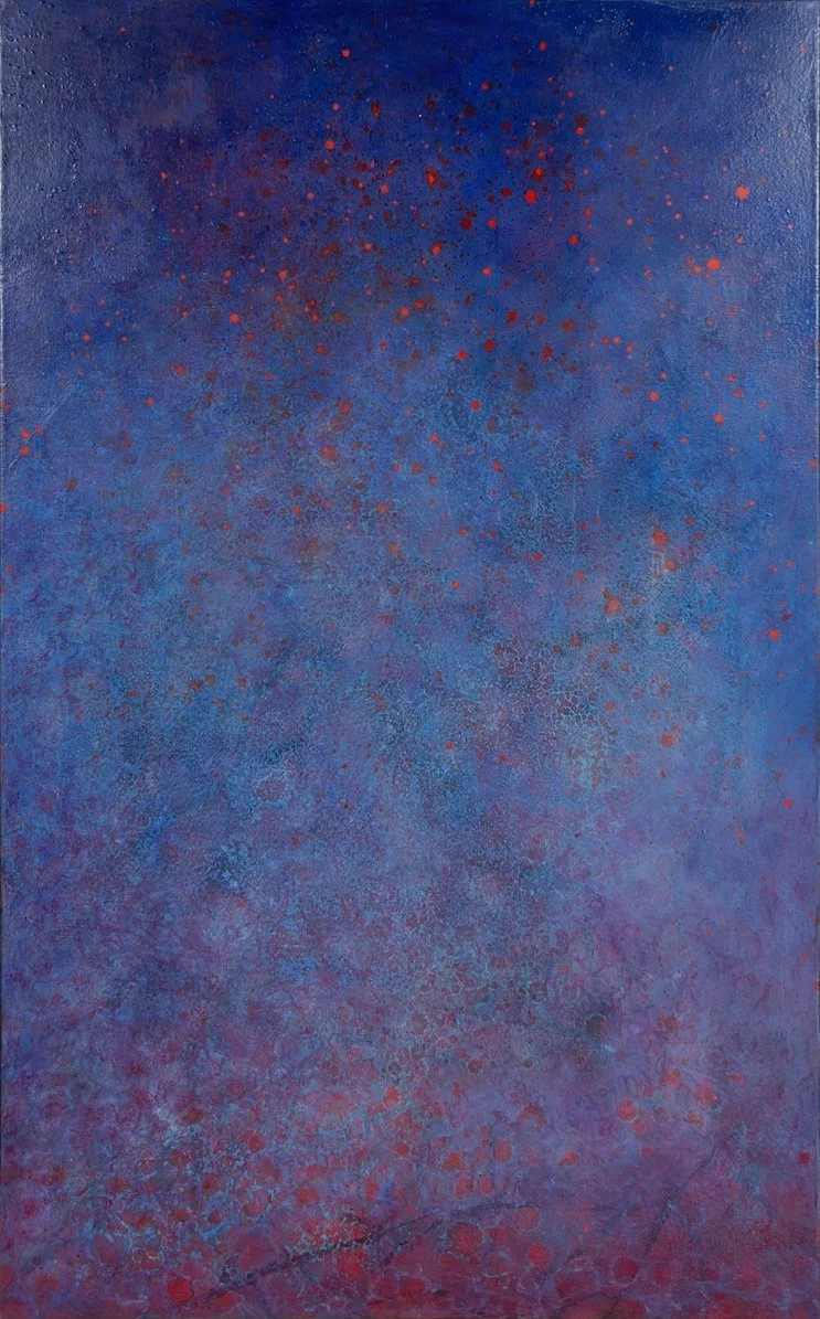 Hisako Kobayashi Reaching Beyond, colorful abstraction, shades of rich dark blues fading into fushias