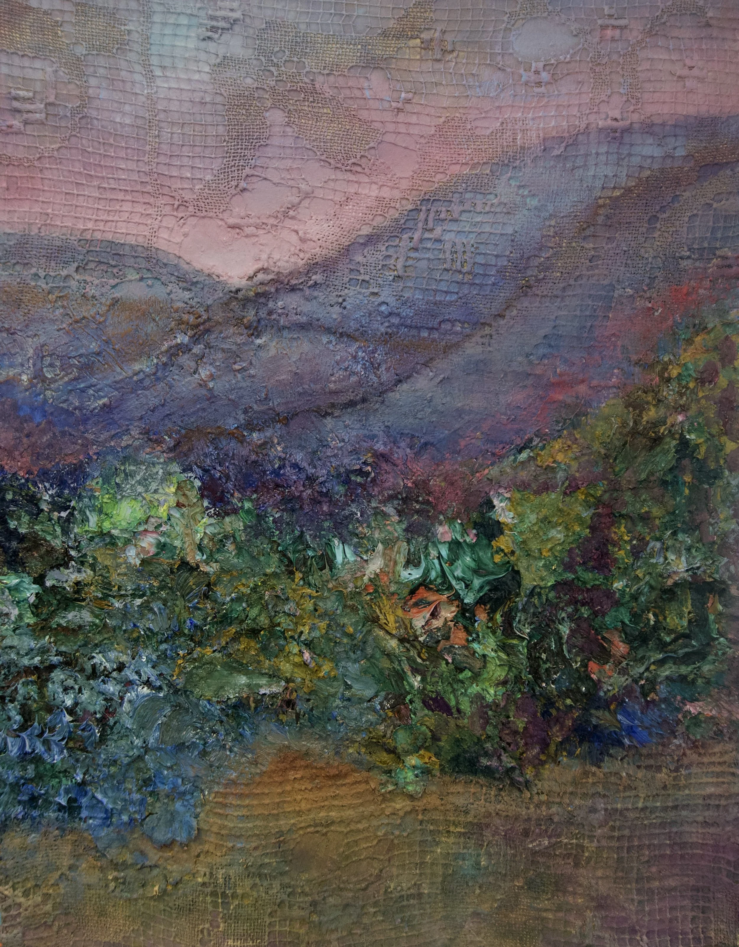 Natasha Zupan - Afterglow #48, mixed media collage depicting a hillside landscape with thick textured paint