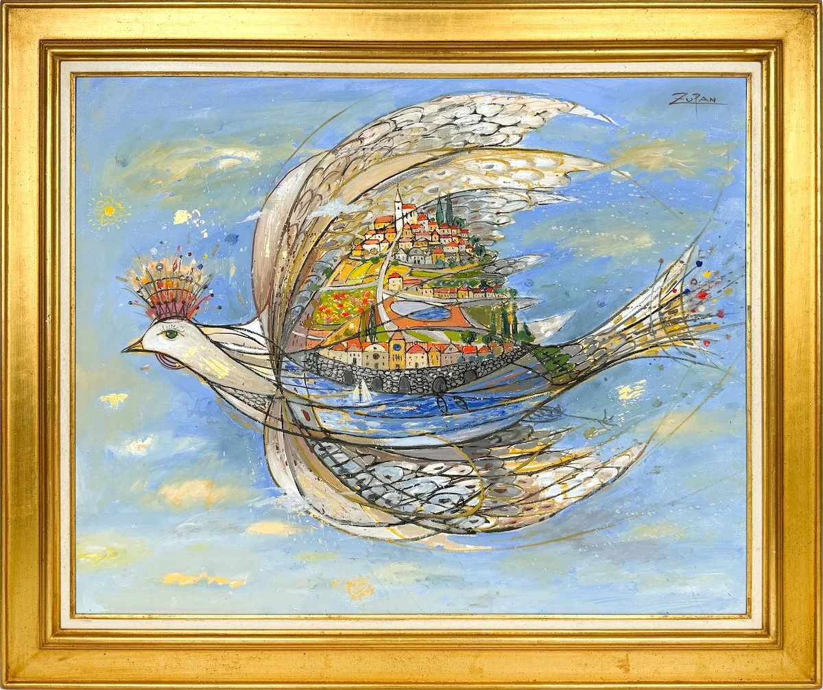 Bruno Zupan Dove Carrying Island, framed impressionist oil painting of a dove with a earth like sphere in the center