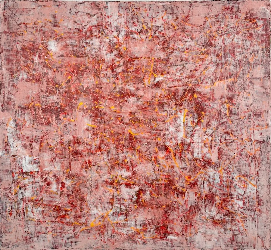 Susan Coley Ascending Light, abstract mixed media thick texture layered paint in reds white and orange accents