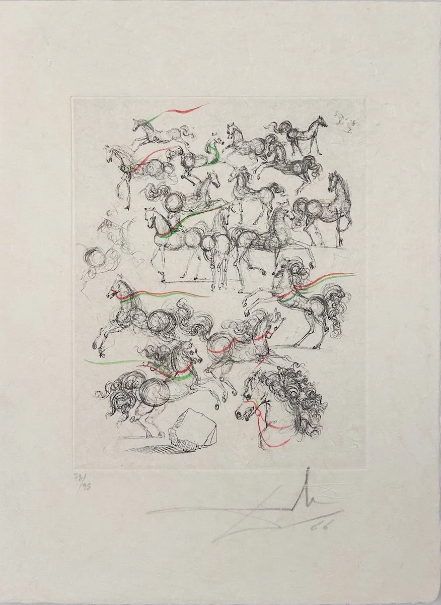 Salvador DalíPetite Horses, surrealistic etching of many horses frolicing and dancing around, red and green reins