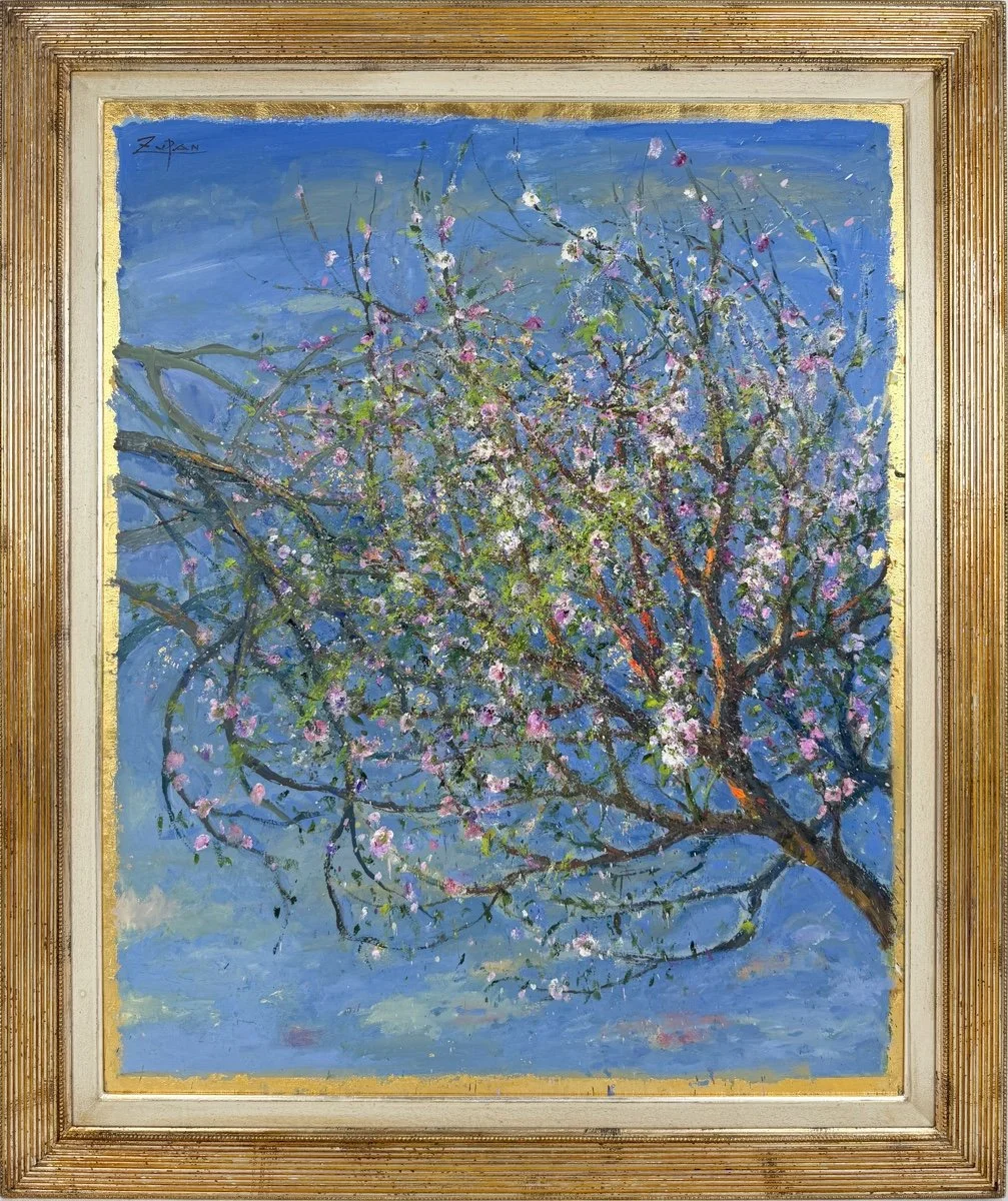 Bruno Zupan Almond Groves, impressionist oil painting abstract view of almond blossoms on Almond Groves