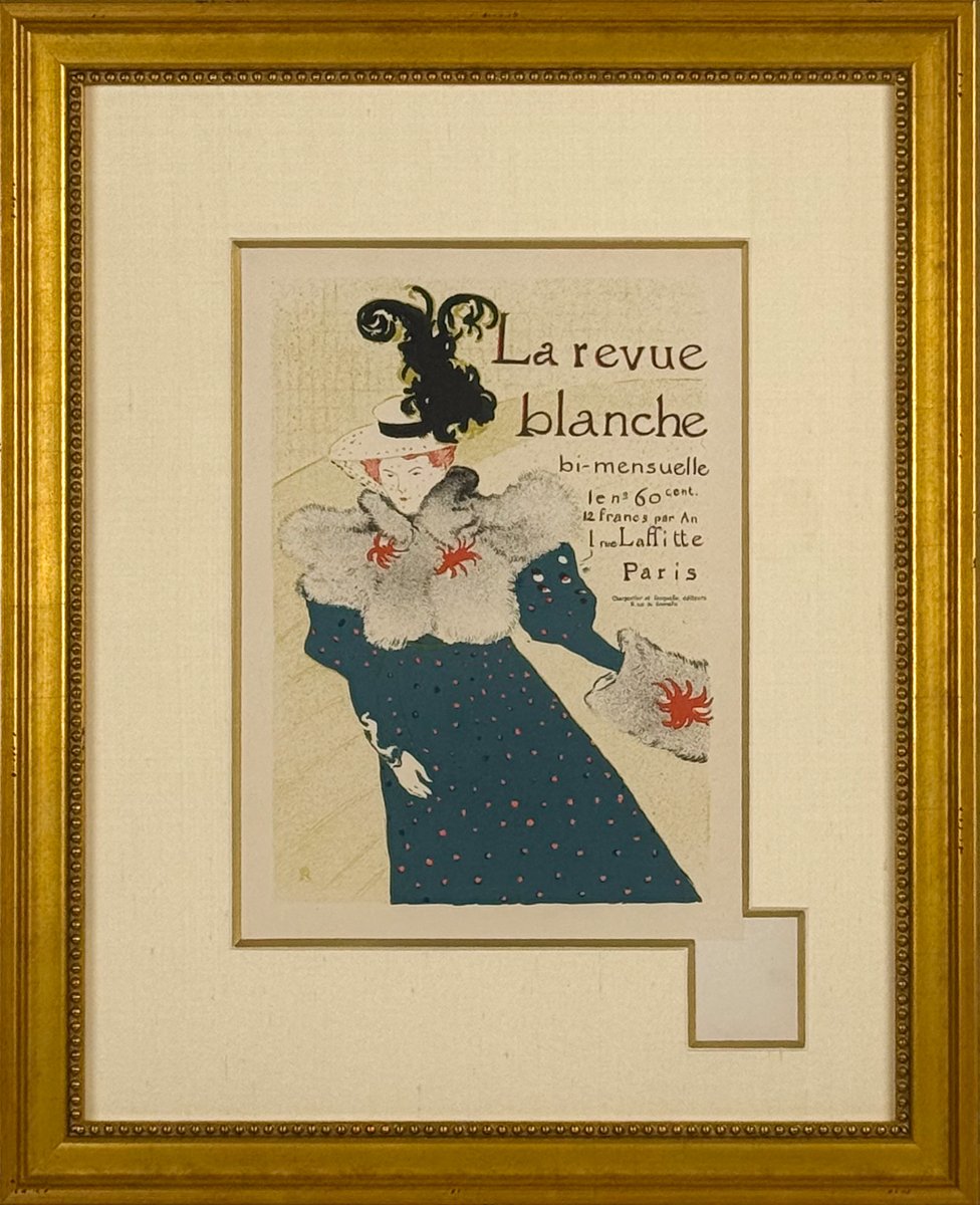 Henri de Toulouse-Lautrec  La Revue Blanche, poster of a woman in a big feathered hat with a blue furred dress, text at top right