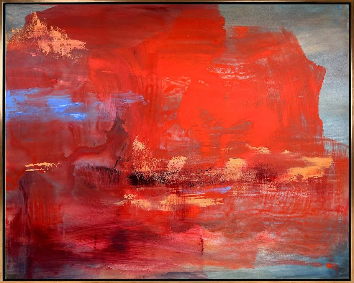 Kathy Buist Shimmering Horizon, mixed media abstract painting with bright reds, light blue and slate grey