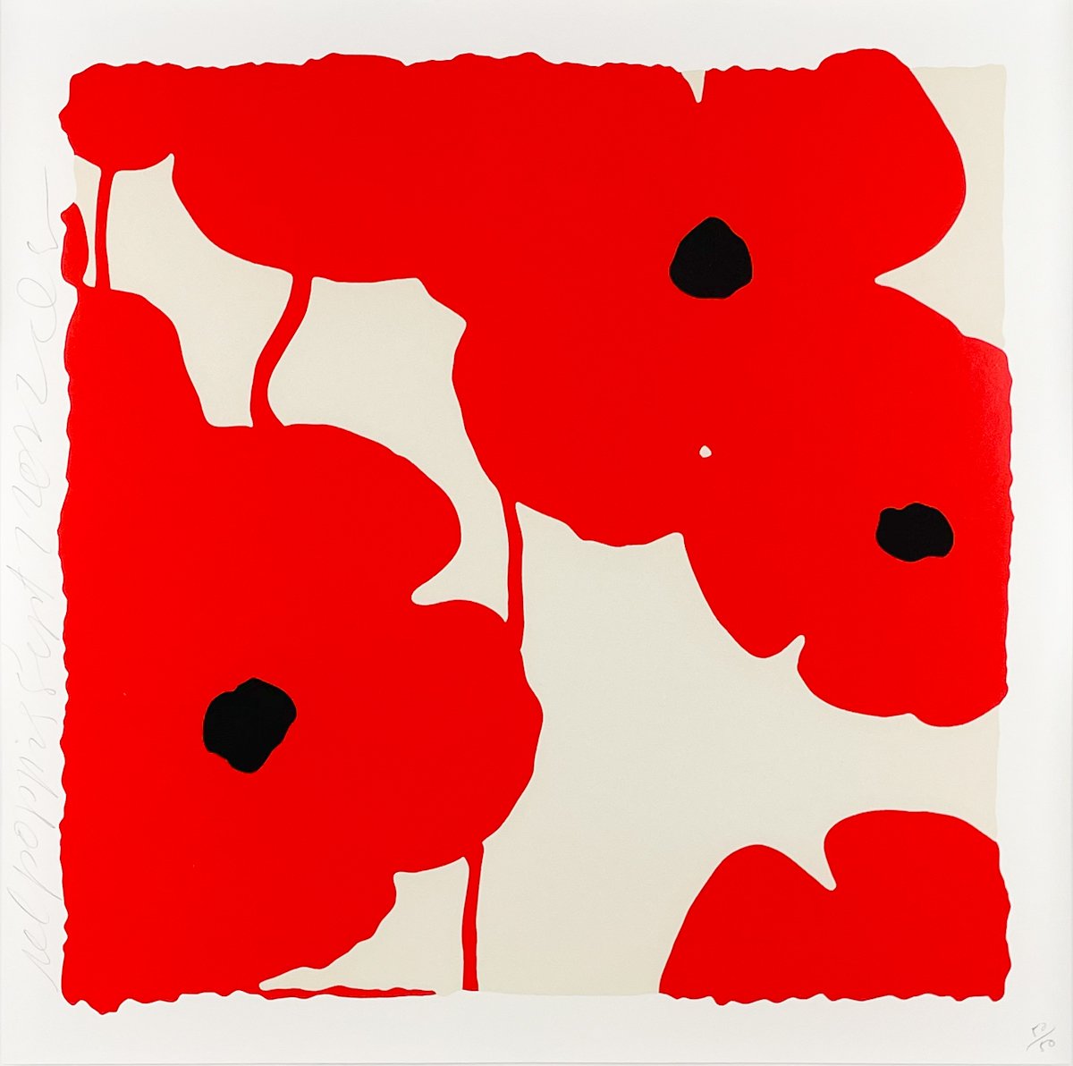 Donald Sultan RED POPPIES, SEPT 7, 2022, color silkscreen print of red poppies on white