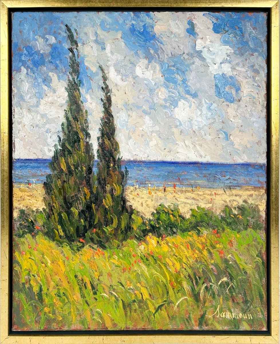 Samir Sammoun  Cypresses, textured impressionist landscape of two cuypress trees with a beach and ocean behind, puffy clouds and blue sky