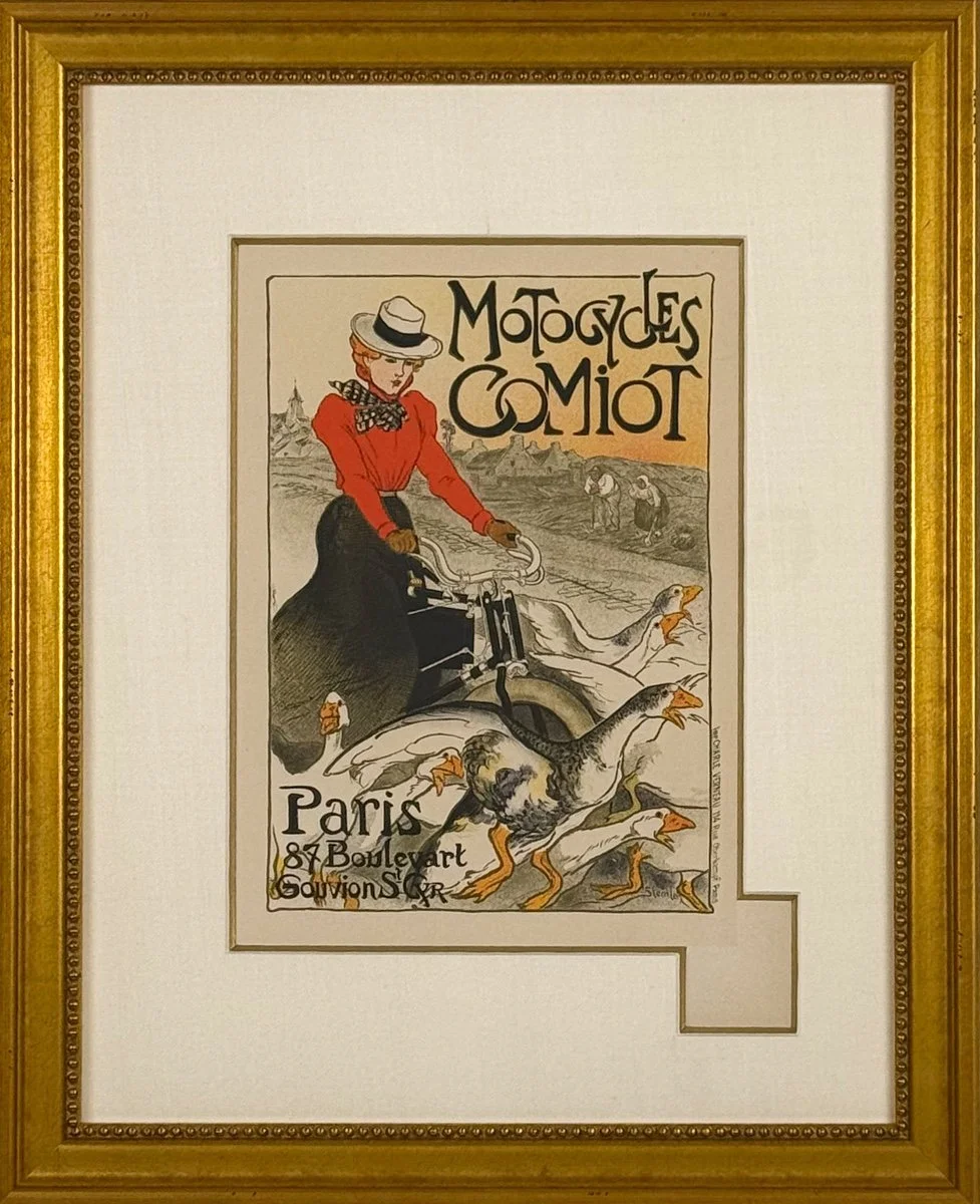 Theophile-Alexandre Steinlen Motocycles Comiot, poster of a woman in a hat and red blouse riding a bicycle through a gaggle of geese, text at top and bottom