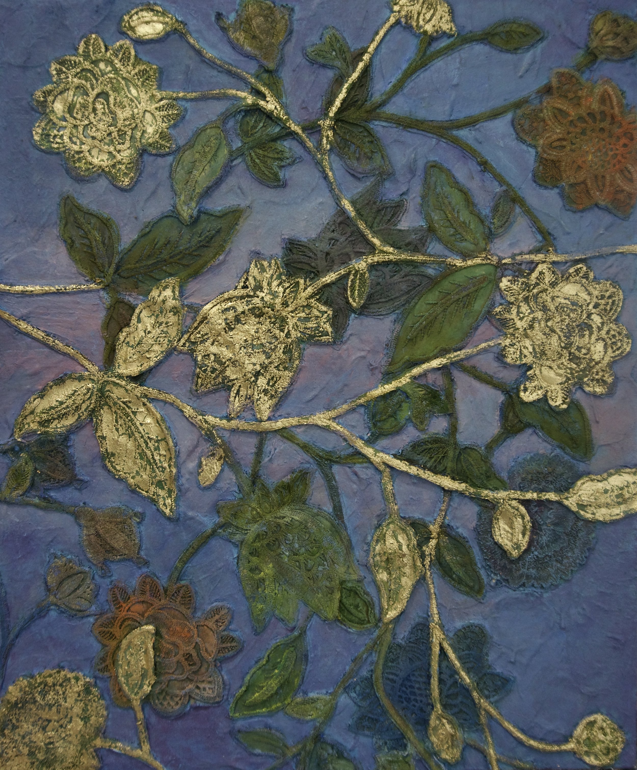 Natasha Zupan Afterglow #17, mixed media collage on wood with purple background a floral pattern overlay with gold accent