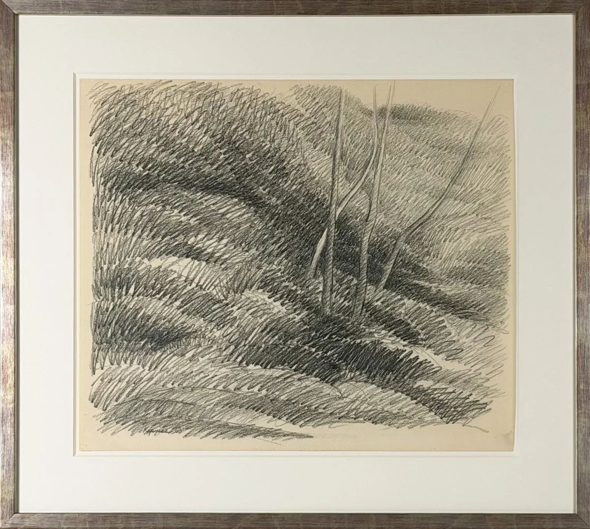 Robert Kipniss Hillside cluster, gestrual drawing of a grassy hillside with a small cluster of saplings