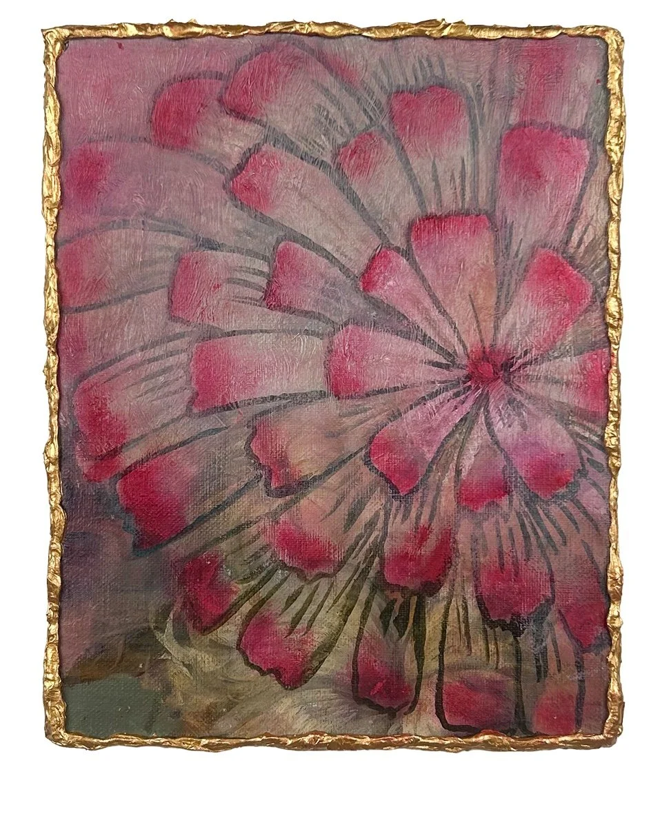 Natasha Zupan - Afterglow #59, mixed media collage with gold, fabric, floral patterns