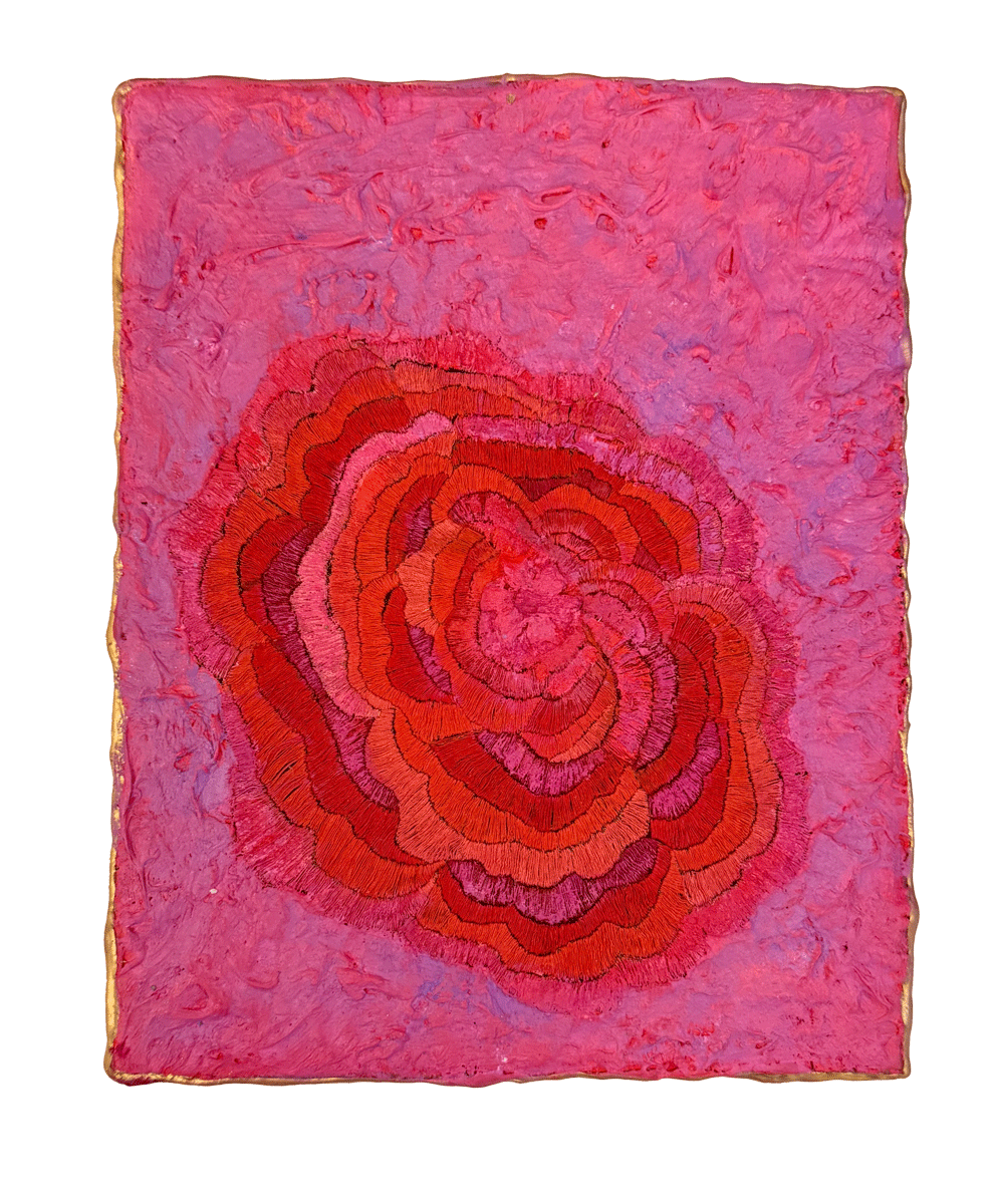 Natasha Zupan - Afterglow #53, mixed media collage in hot pink floral center and thick texture