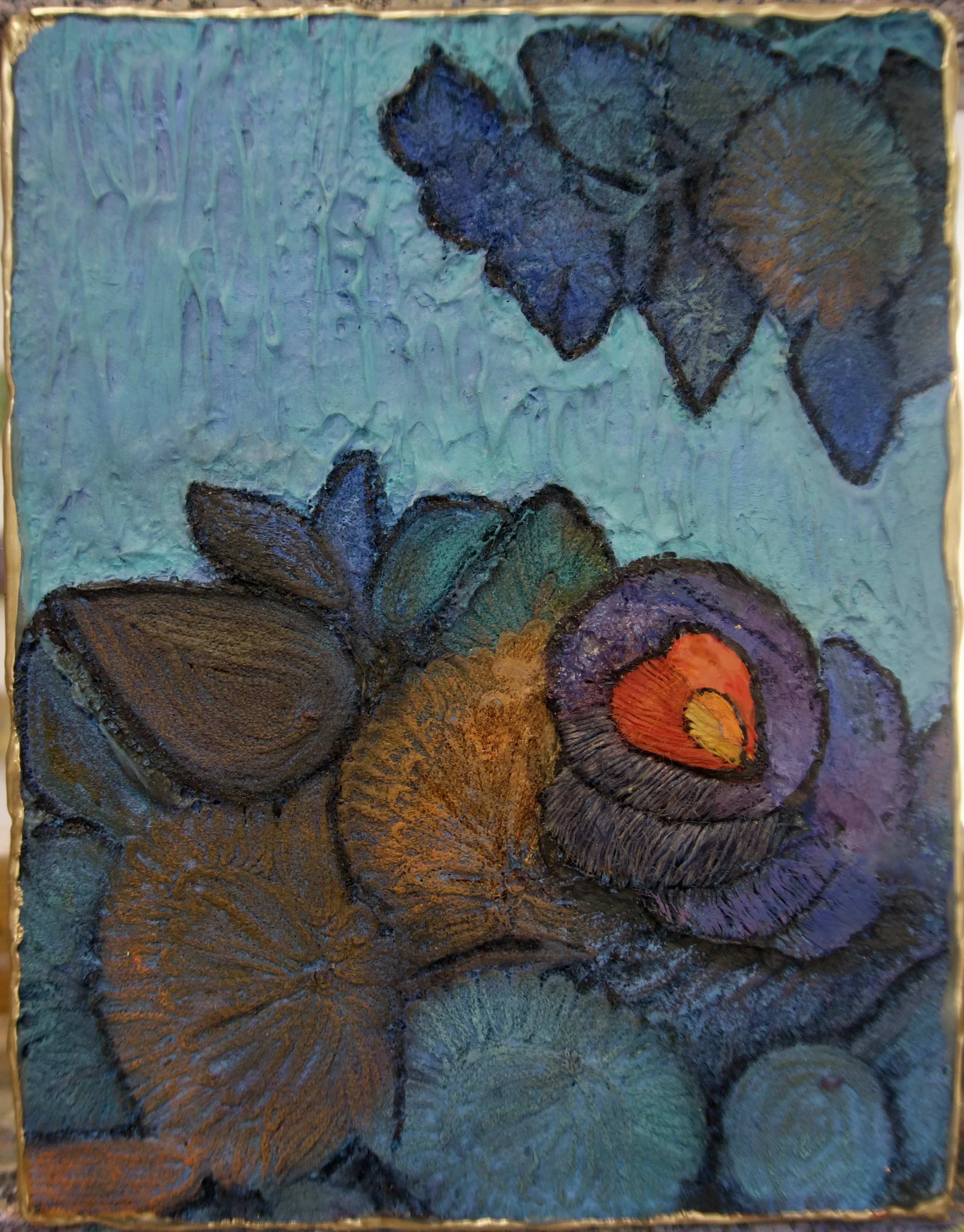 Natasha Zupan - Afterglow #37, mixed media collage with fabric, floral patterns and thick textured paint