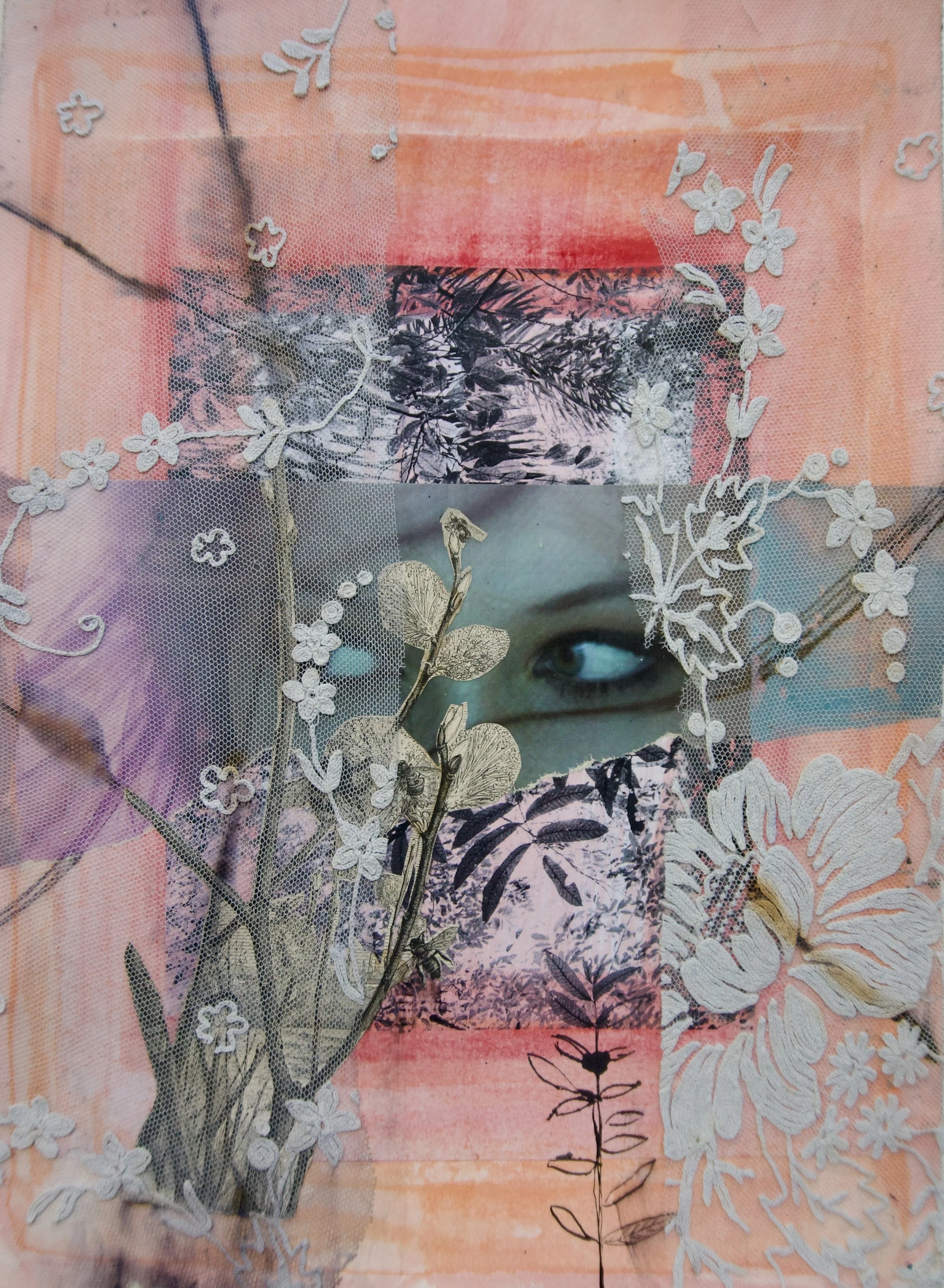 Natasha Zupan Afterglow #14, mixed media collage with female eyes and floral patterns