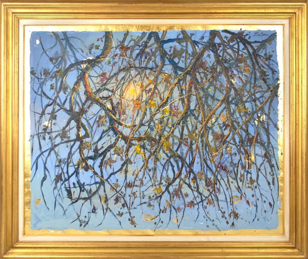 Bruno Zupan Autumn Branches, impressionist painting looking up through autumn branches at the sun in the blue sky, gold leaf throughout