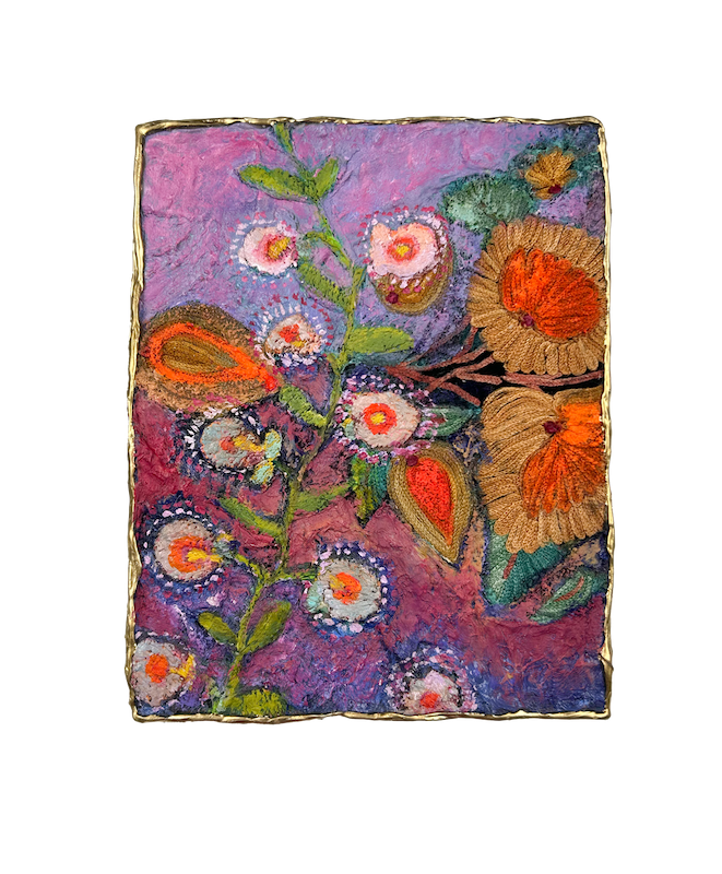 Natasha Zupan - Afterglow #71, mixed media collage with gold, fabric, floral patterns and thick texture