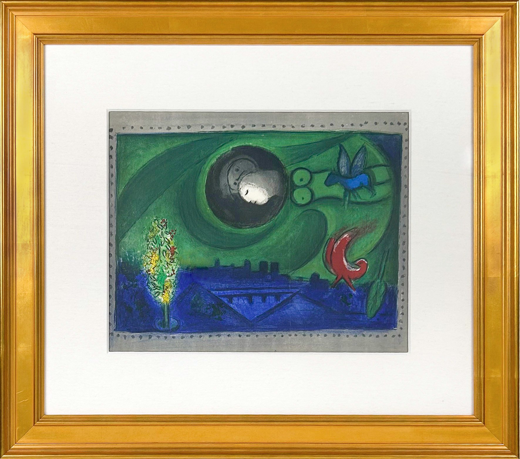 Chagall, Bercy Quay, painting of a green landscape with a purple cityscape, a flowering tree, a red bird, and a large circular form in the sky.