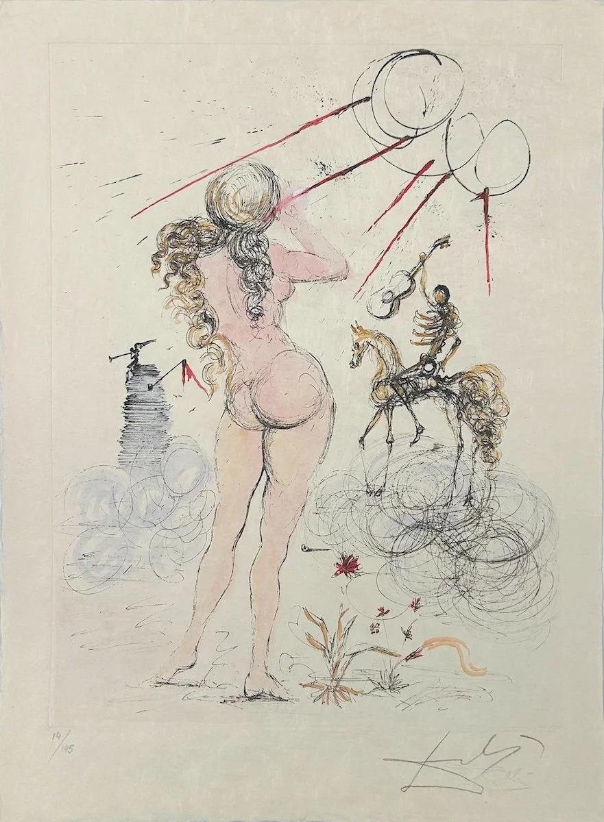 Salvador Dalí, Woman, Horse, and Death, surrealistic etching of a nude woman facing a skeleton holding up a guitar and riding a horse, tower in the background, pinks, golds, reds, blues