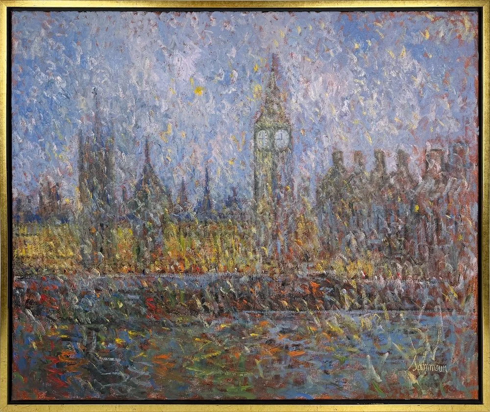 Samir Sammoun  London, the House of Parliament by Night, Snow, framed, impressionist painting of London city scene at night in the snow