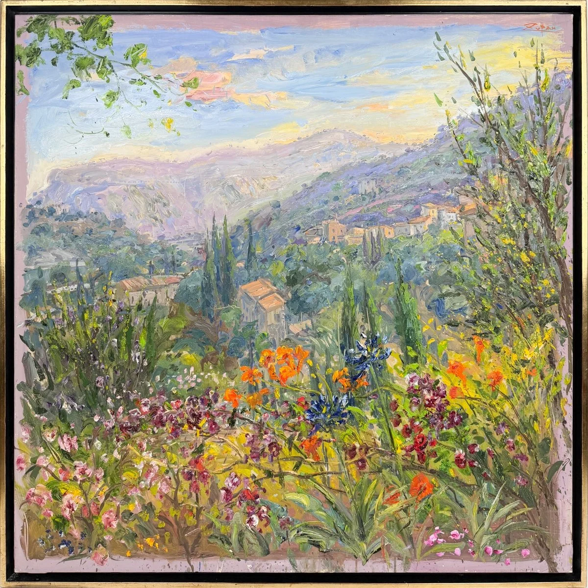Bruno ZupanWild Flowers, View to Palma, Mallorca, impressionitc landscape, field of flowers in foreground, houses and hills in distance, vibrant colors
