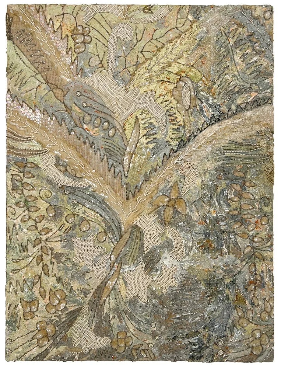 Natasha Zupan - Afterglow #7, mixed media collage with fabric and beading in neutrals