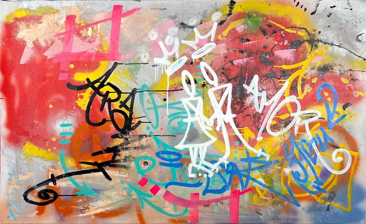 SEN-1 Hola Amor, abstract graffiti painting, layers of text, cartoon figures, silver, red, blue, yellow, black, white