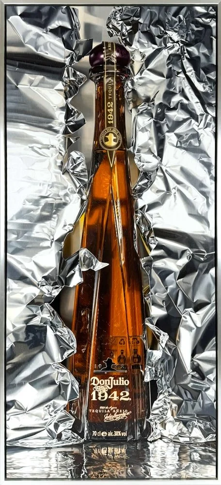 Elena Molinari  1942, hyper realistic oil painting of a don julio 1942 bottle with crunched tinfoil background