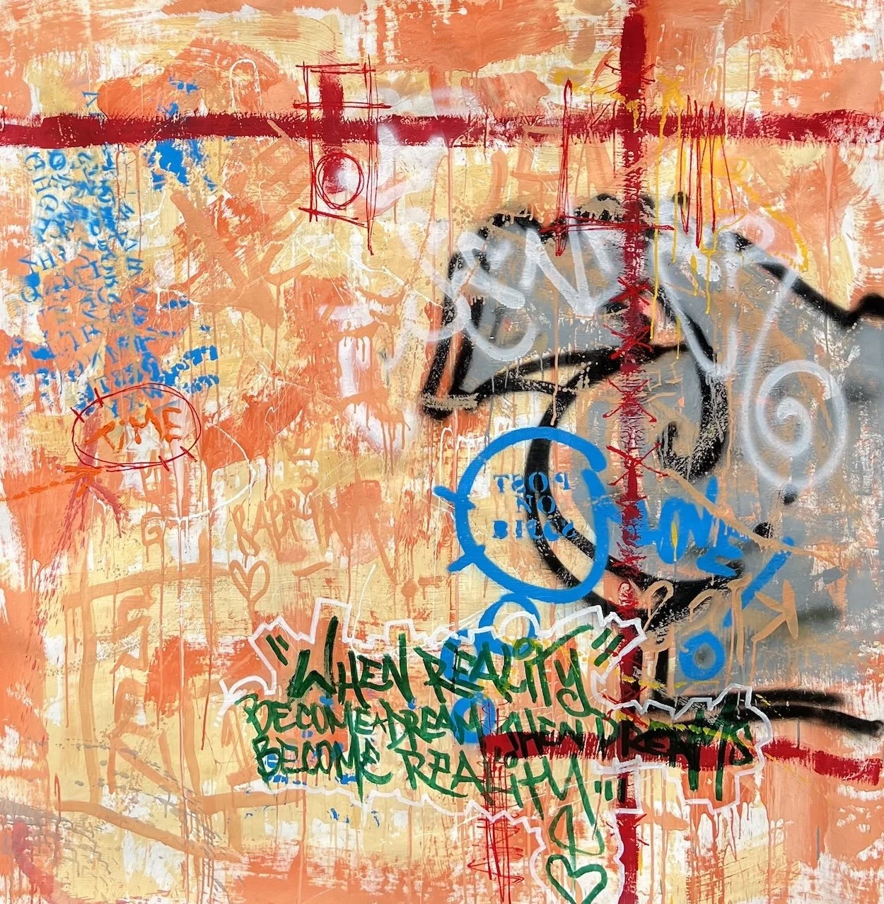 SEN-1 Dreamland, abstract graffiti painting in peach color with red lines and green text