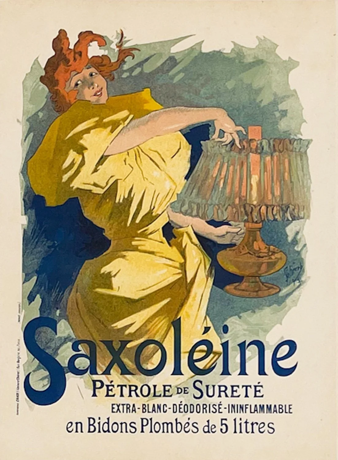 Cheret Les Saxoleine lithograph red haired woman with yellow dress holding a lamp
