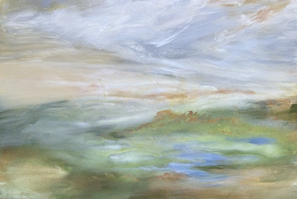 Kathy Buist Where the Light Remains, abstract mixed media painting of atmospheric washes of color