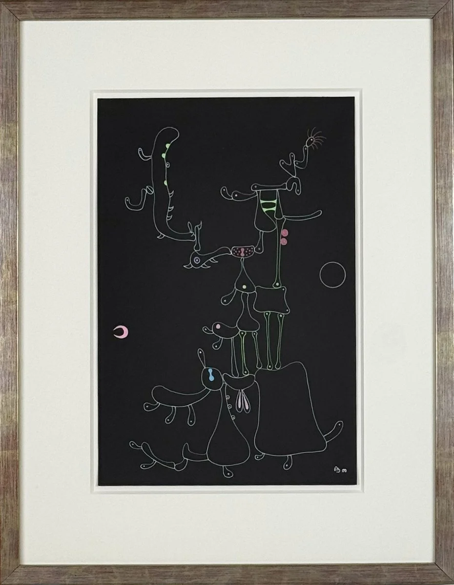 framed white line drawing on black paper