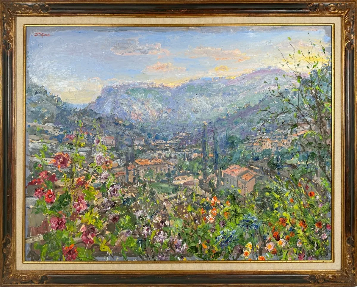 Bruno Zupan, Valley of Hollyhocks, impressionist oil painting of a Spain landscape Valley of Hollyhocks and village