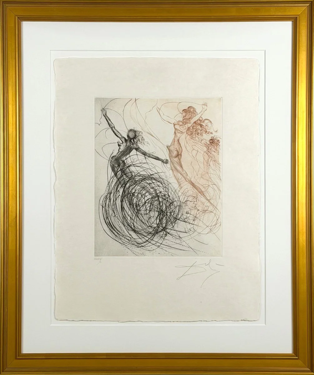 dali Women in the Waves, abstracted surreealist compositions, two women dancing in waves that roll in circles, shades of black and sepia