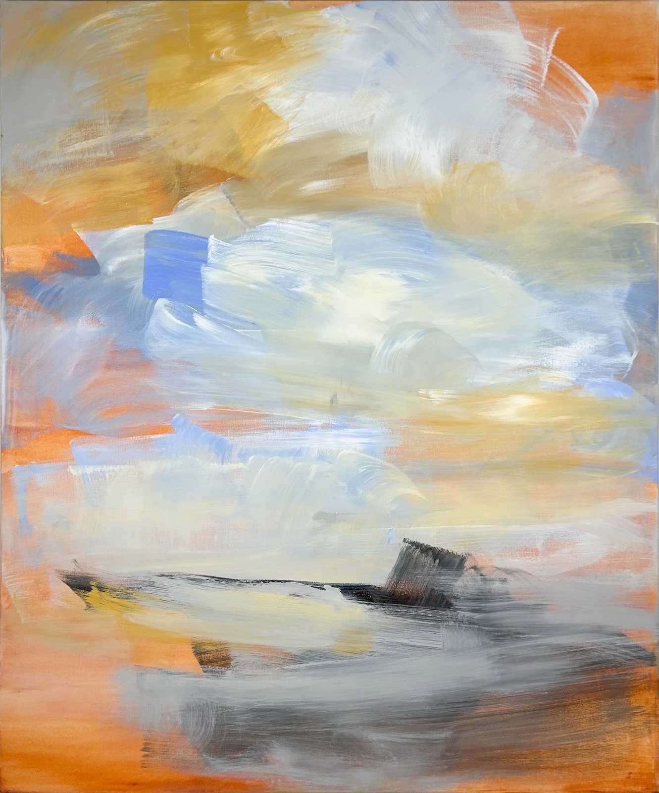 Kathy Buist Morning Walk, abstract mixed media on canvas, atmospheric brush strokes of color in orange, light blue, black grey and white