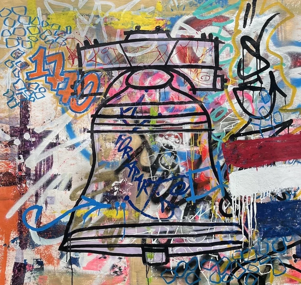 SEN-1 Let it Ring, abstract graffiti painting featuring the Liberty Bell and USA motifs
