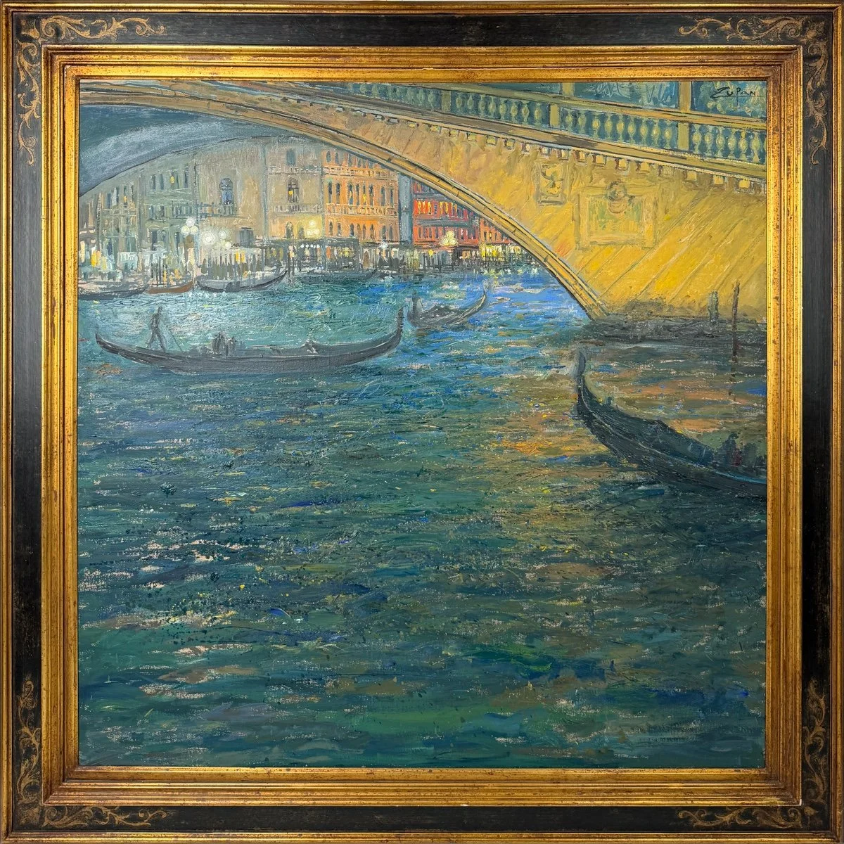Bruno Zupan, framed impressionist oil painting of a night scene of bridge in Venice with gondolas in water