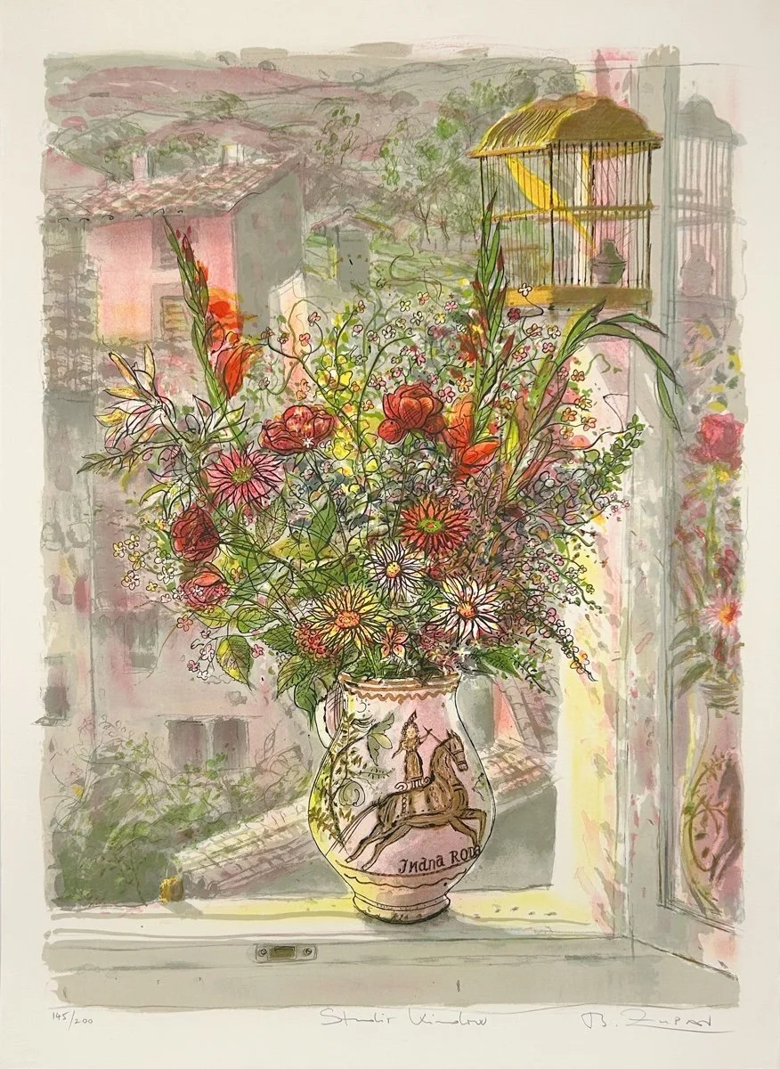 Bruno Zupan Studio Window, lithograph of a flower vase with a yellow bird in a cage on a studio window sill