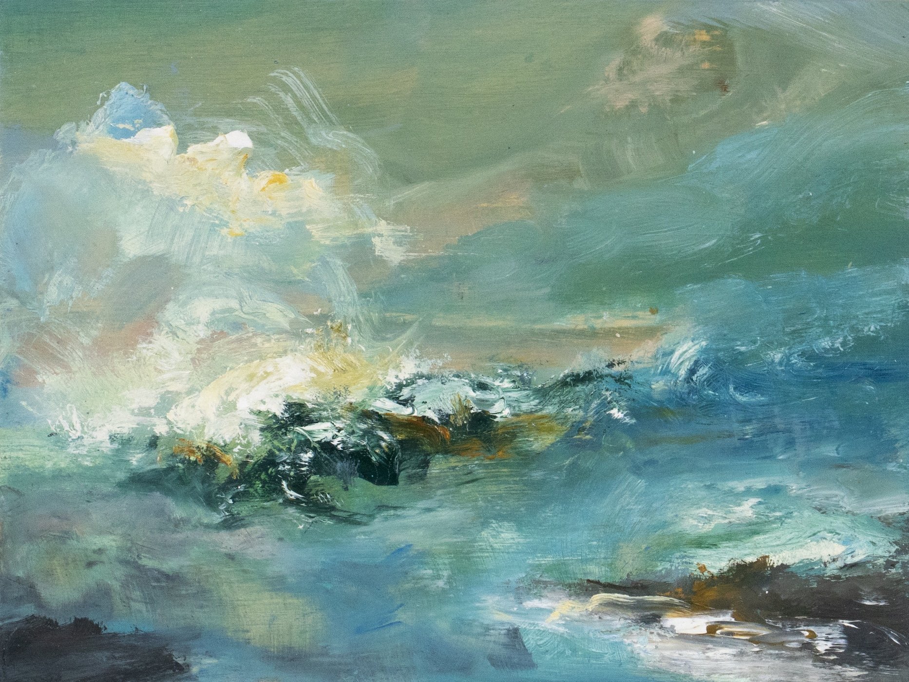 Kathy Buist - Waves - oil painting on panel board, abstract oceans with stormy clouds and rocks