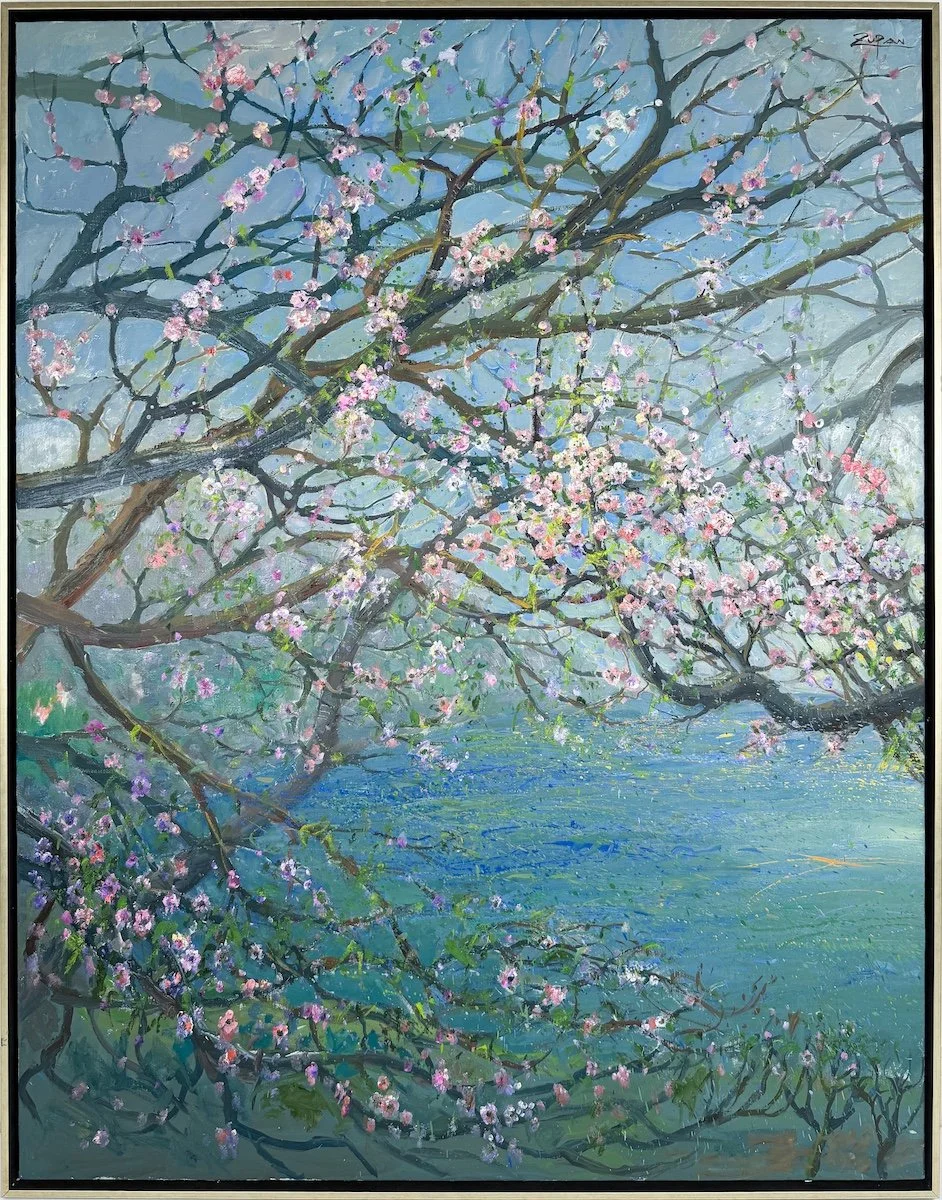 Bruno Zupan Blossoms by the Sea, impressionist style oil painting of blooming cherry blossoms tree branched with seascape