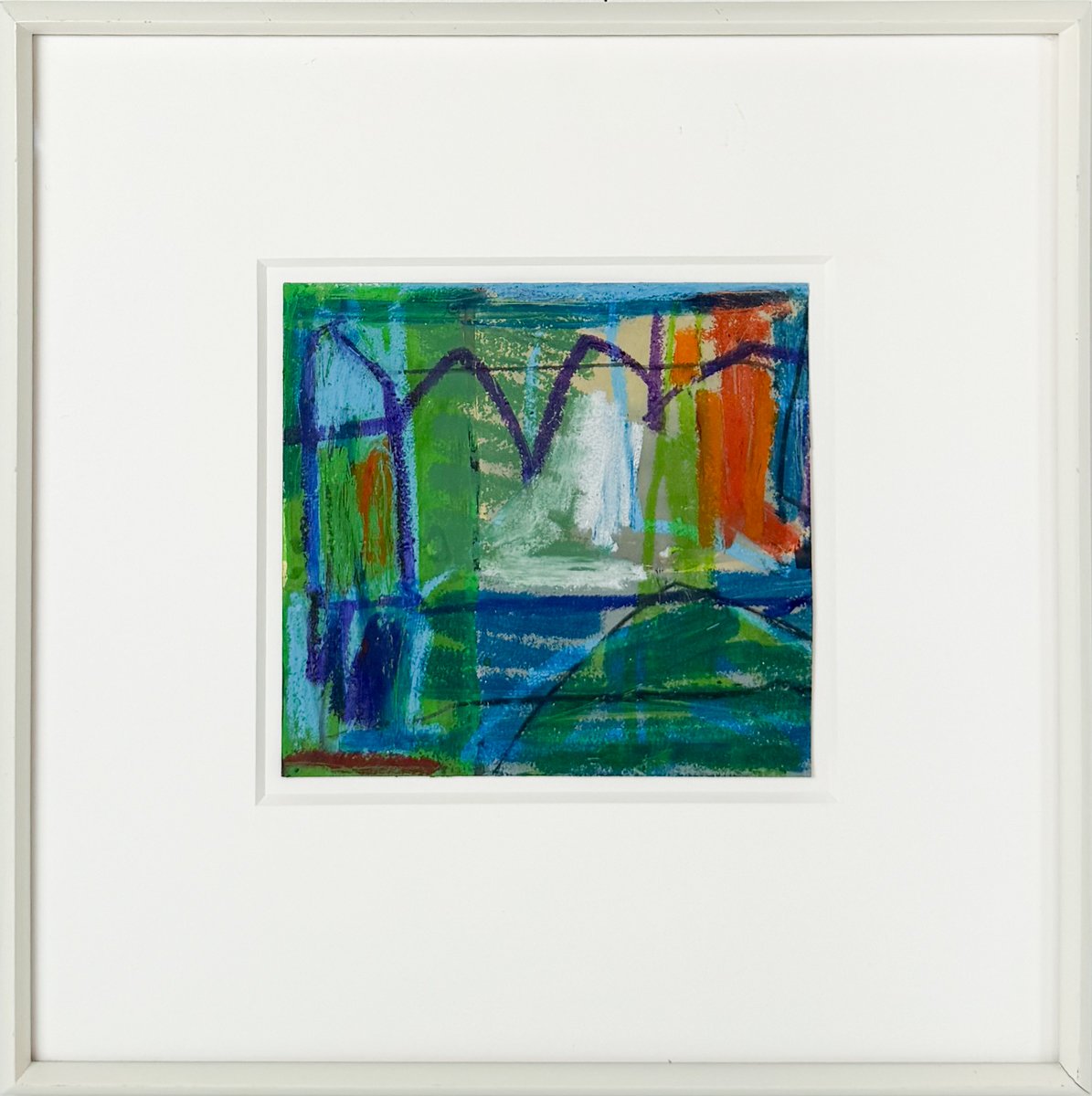 Susan Coley Country View, abstract drawing on paper in oil pastel, framed