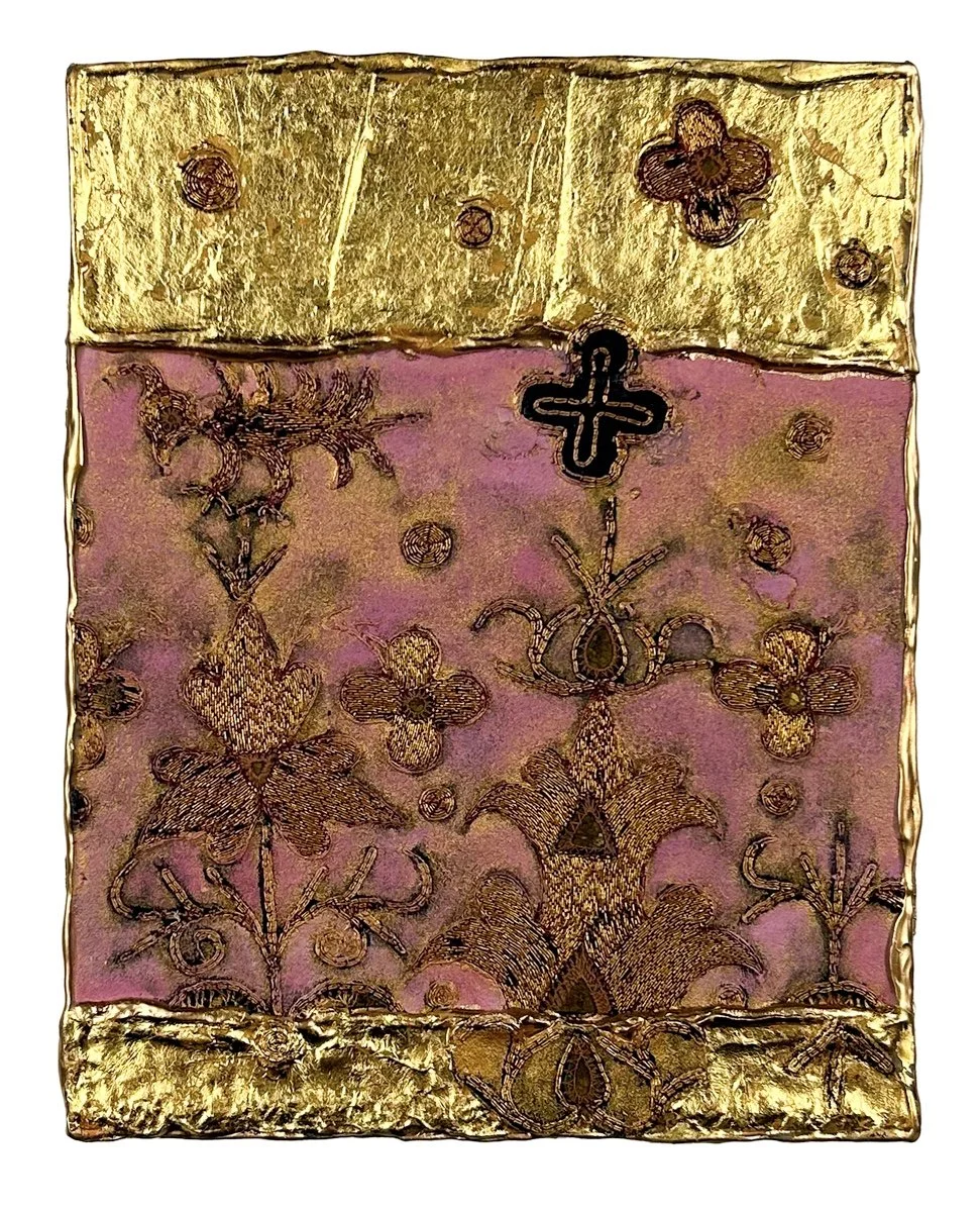 Natasha Zupan - Afterglow #23, mixed media collage with pink fabric, floral patterns and gold