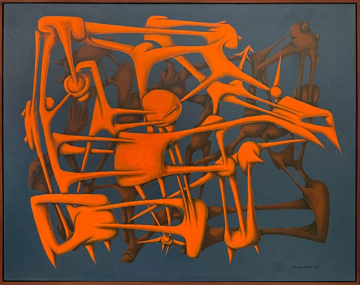 fermin castro La Danza de la Utopia, abstract surrealistic composition, tube-like forms in bright and dark orange on a dark grey background