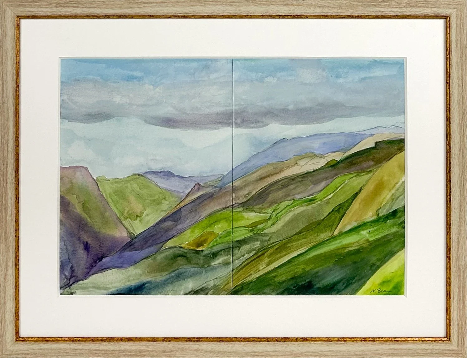 Natasha Zupan - Afterglow #43, watercolor hill landscape, framed