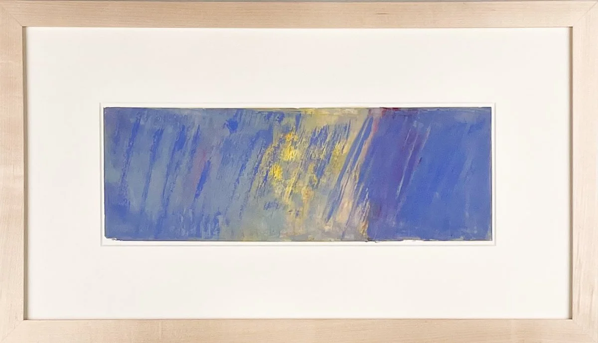 Elizabeth dacosta ahern, Coins of Time - Untitled (Blue, Yellow), abstract colorfield composition, blue on left and right, yellow in center