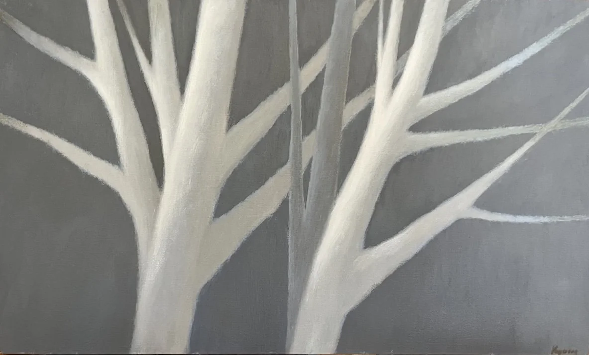 Robert Kipniss Reaching III, oil painting of white bare tree with grey background